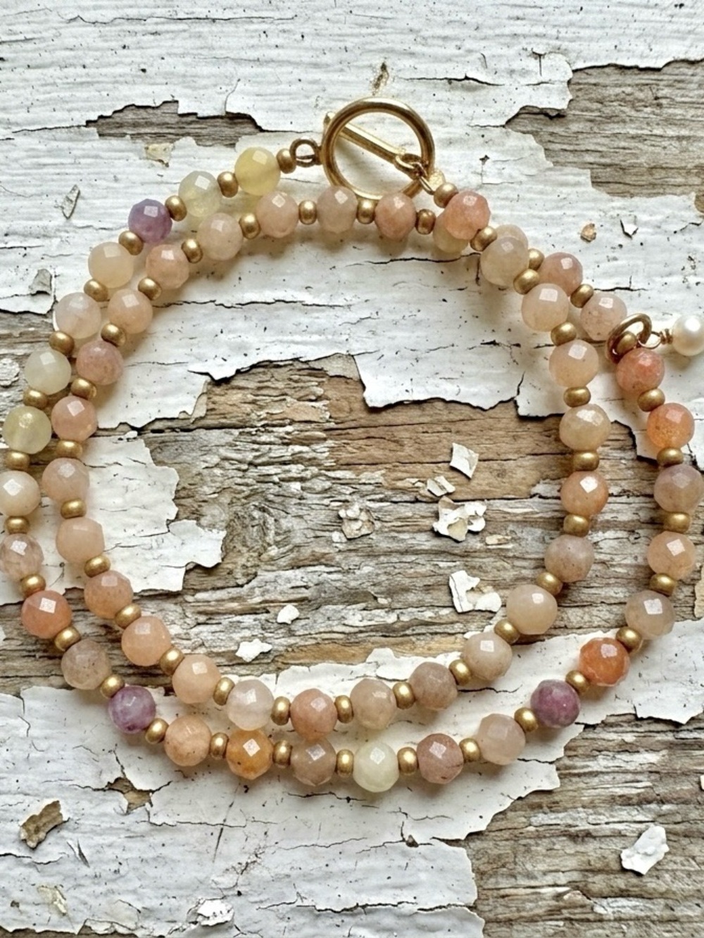 29. Double Wrap Faceted Sunstone & Matte Gold Tone Bracelet